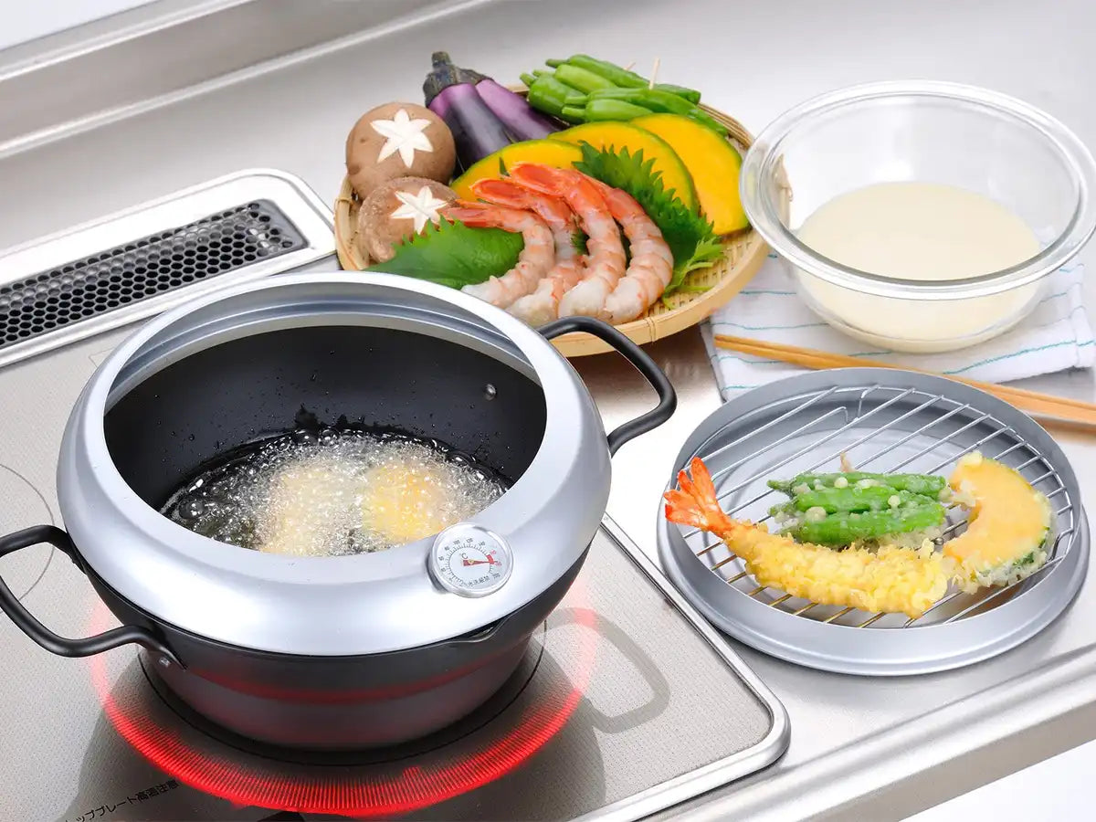 Wahei Freiz 24cm Induction Iron Deep Fryer Pot with Lid and Oil Drain Rack