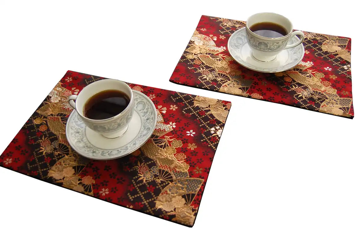 Shinsendo Japanese Kimono Obi-Style Tea Mat 2-Piece Set All-Over Fan Pattern Gift For Foreigners