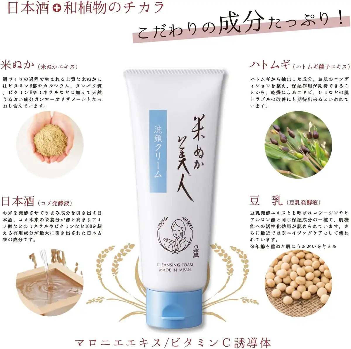 Rice Bran Beauty Facial Cleansing Cream with Natural Rice Bran Extract