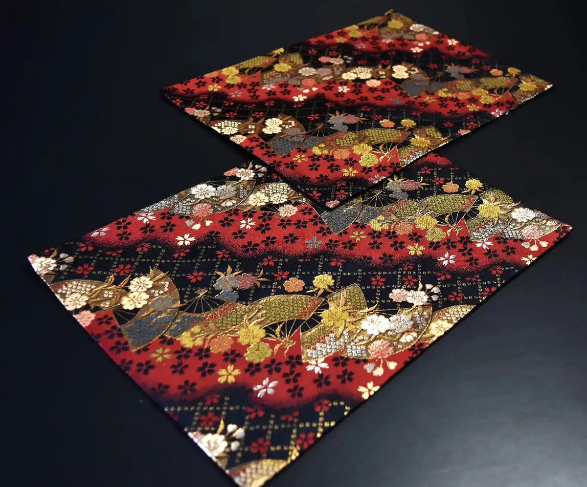 Shinsendo Japanese Kimono Obi-Style Tea Mat 2-Piece Set All-Over Fan Pattern Gift For Foreigners