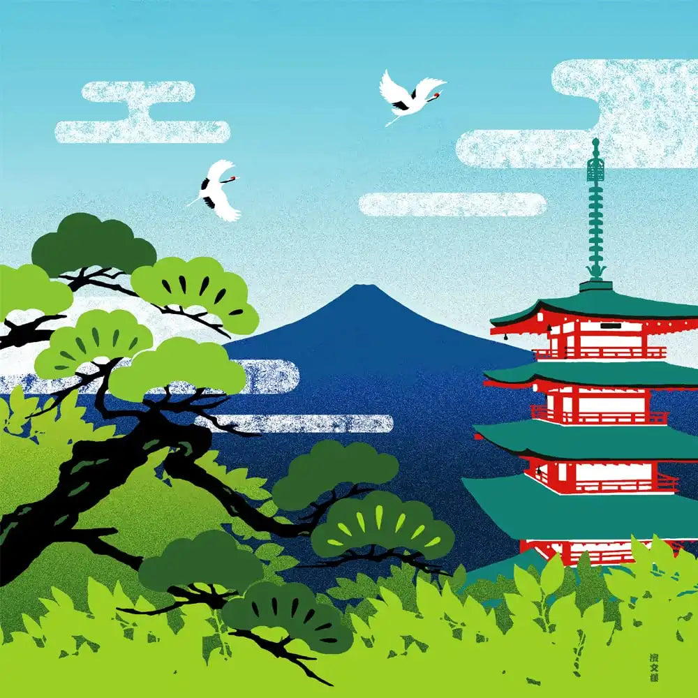 Hama Pattern Furoshiki 50Cm - Summer Five-Storied Pagoda Mt. Fuji - Japan
