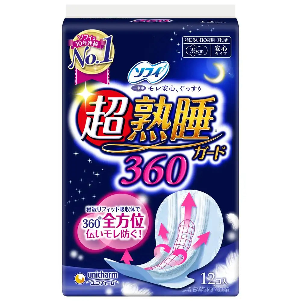Sofy Super Sound Sleep Guard 360 Japan | 36Cm Wings | 12 Pieces | Unicharm Sofy