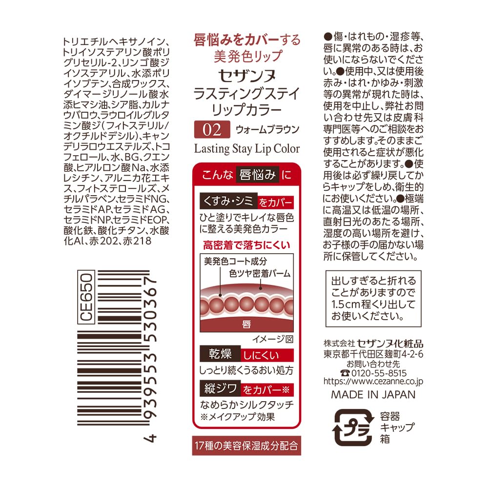 Cezanne Lasting Stay Lip Color 02 Warm Brown 4.0G for Long-Lasting Beauty