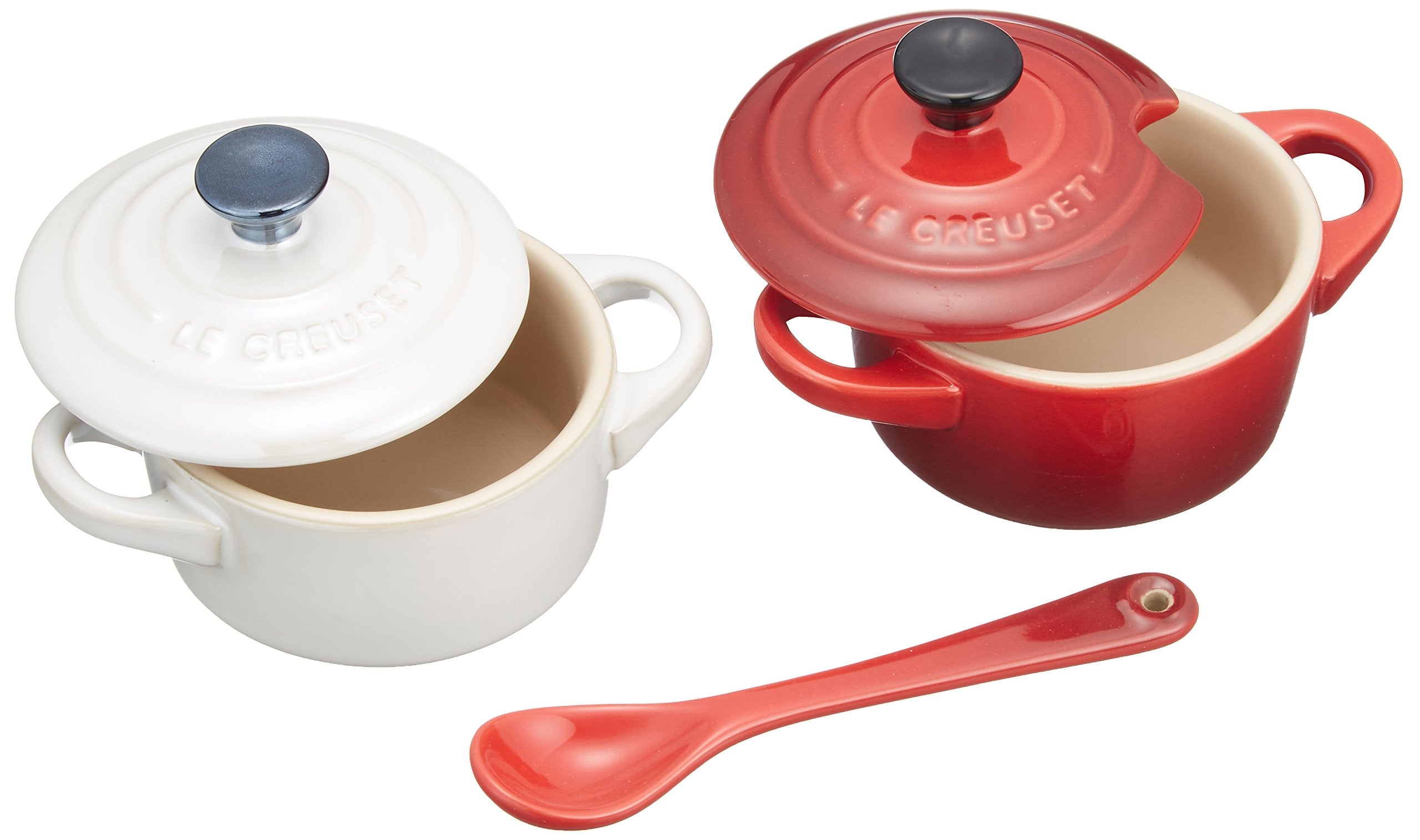 Le Creuset Heat-Resistant Petit Cocotte Container Pair with Spoon Red White