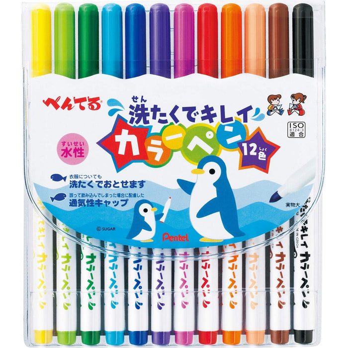 Pentel Water-Based Clean Color Pen Set 12 Washable Colors Japan