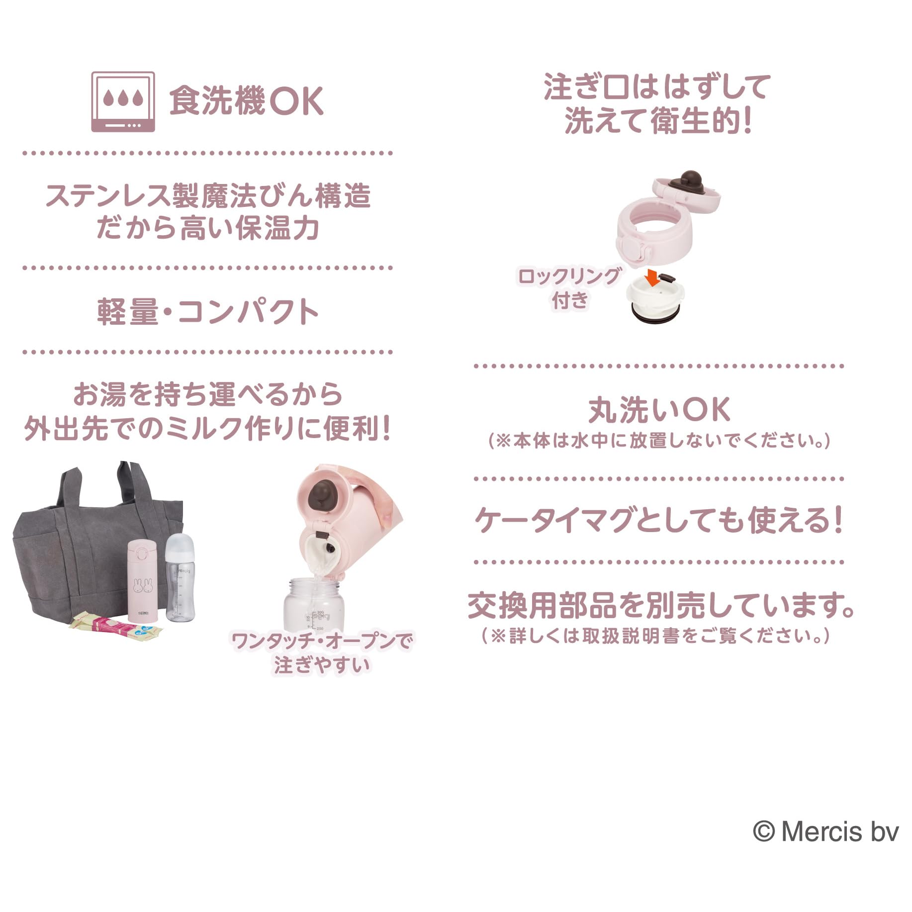 Thermos 350ml Stainless Steel Water Bottle Miffy Design Light Pink