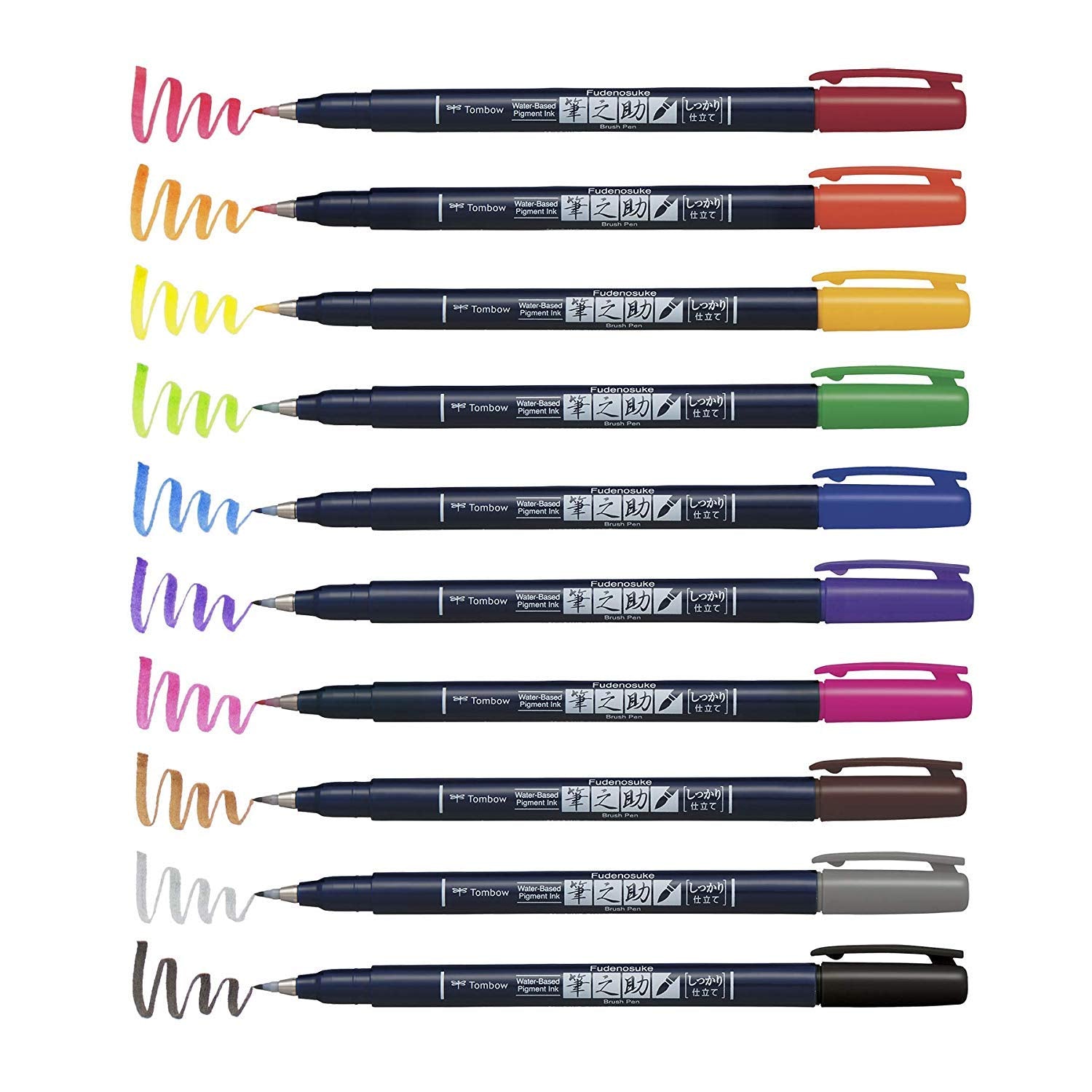 Tombow Fudenosuke Brush Pen Set 10 Vibrant Colors WS-BH10C Writing Tool