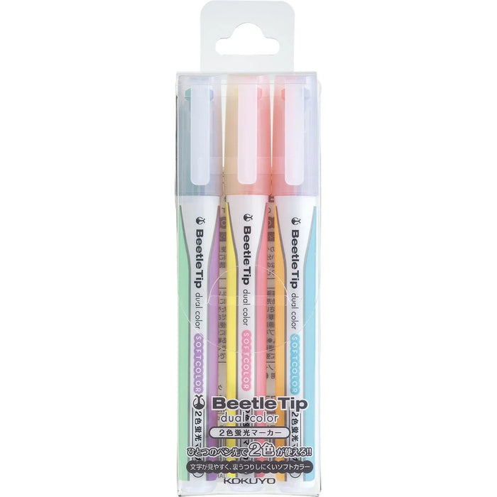 Kokuyo Japan Fluorescent Pen Marker Beetle Tip Dual Color Soft Color 3Pcs 6Colors Set Pm-L313-3S