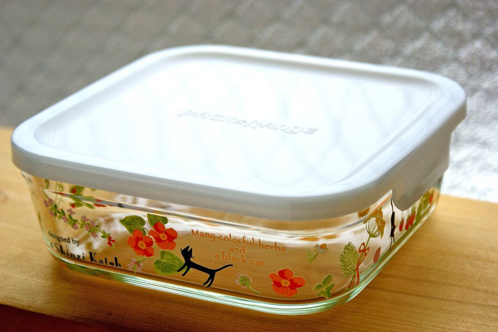 Iwaki Japan B3247-Snb1 Heat Resistant Glass Storage Container Shinjikato Colorful Herbs Square M 800Ml Pack