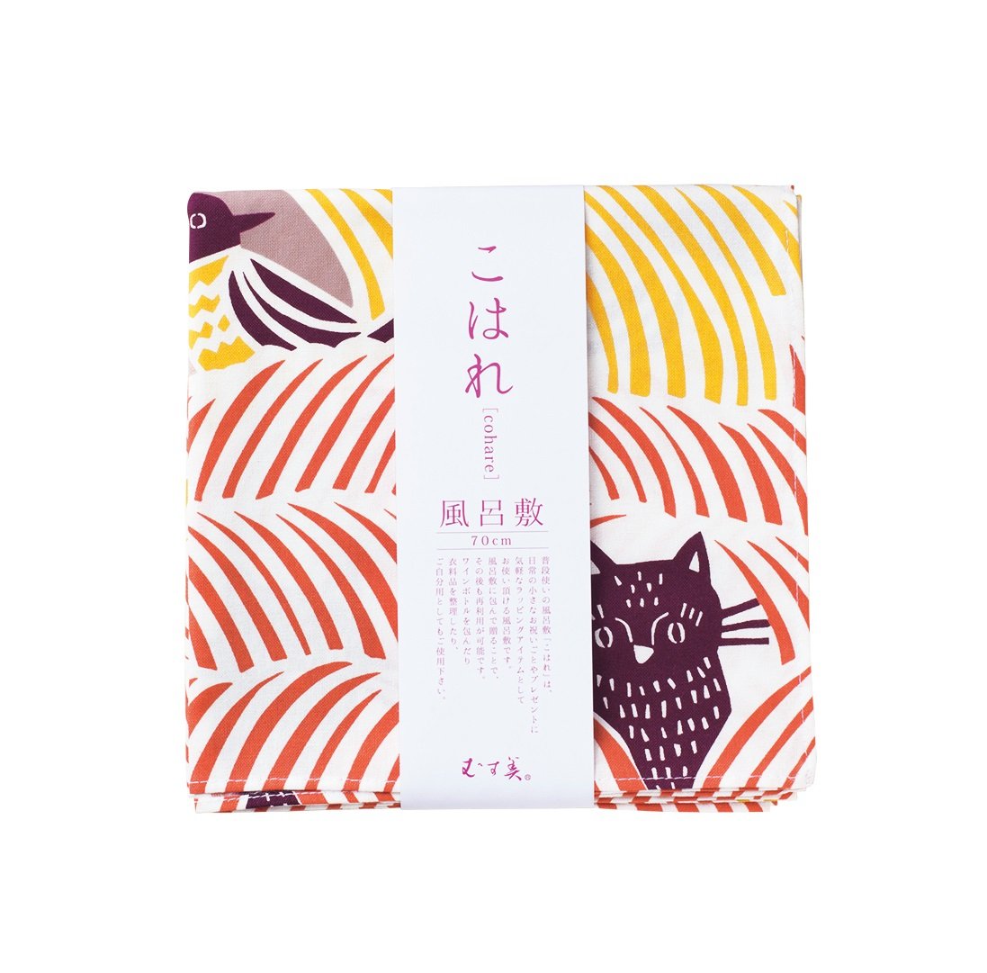 Musubi Furoshiki 70Cm Kata Kohare Cat & Bird Pink Made In Japan 21414-213