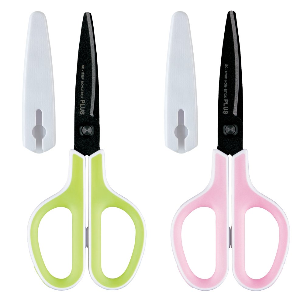 Plus Japan Fluorine Coated Adhesive Tape Glue Non-Stick Green & Pink Scissors Set 34545+34547