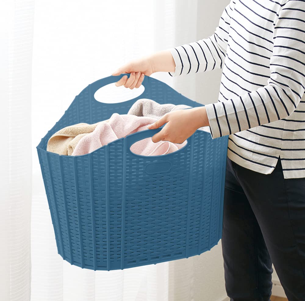 Seiei Japan Foldable Laundry Basket Rattan Style Blue Hamper Bag Folding Compact Storage 55X38X39Cm 120413