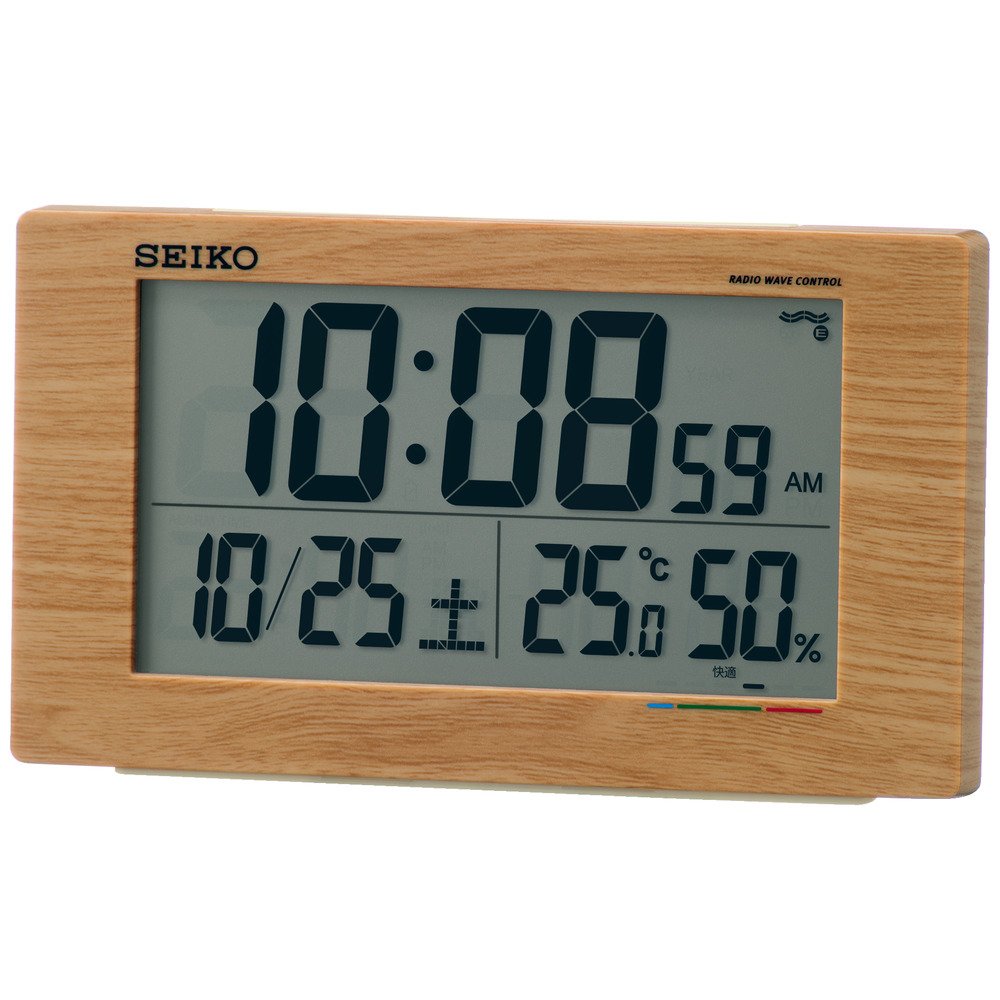 Seiko Clock Alarm Table Clock Japan Radio Wave Digital Calendar Comfort Temp Humidity Display Light Brown Wood Grain Sq784A