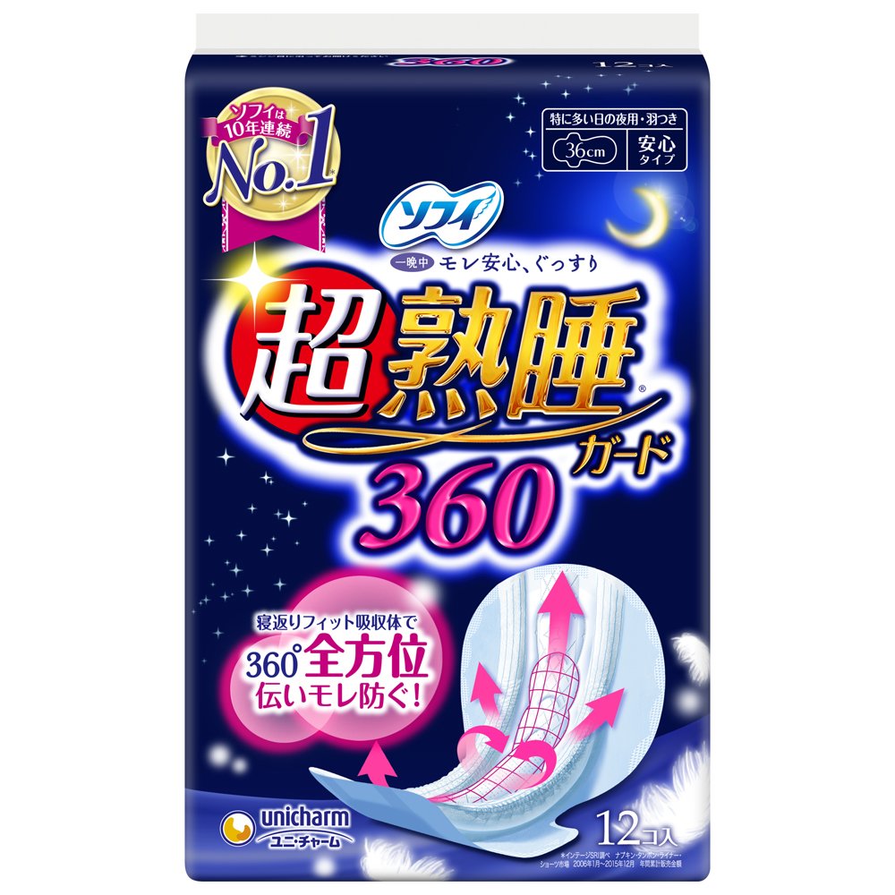 Sofy Super Sound Sleep Guard 360 Japan | 36Cm Wings | 12 Pieces | Unicharm Sofy