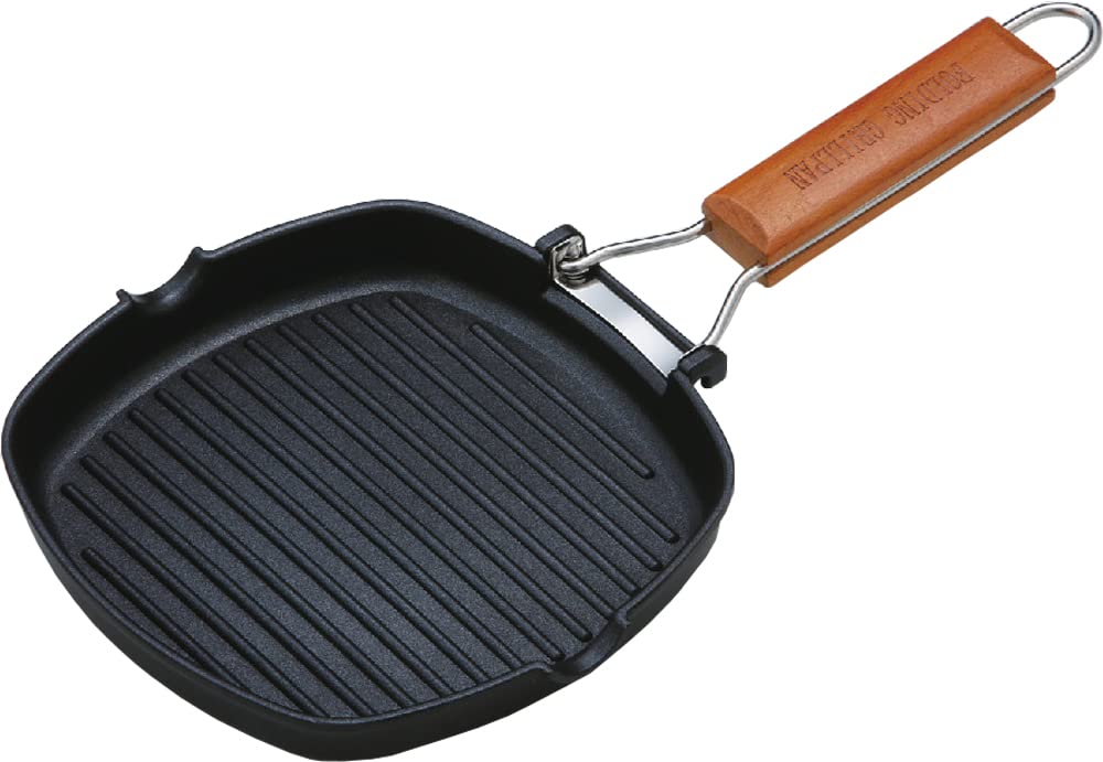 Taniguchi-Metal Grill Pan 20X20Cm Ih Compatible Japan Fluorine Processing Handle Natural Wood Foldable