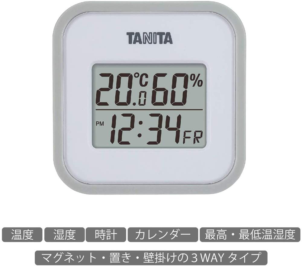 Tanita Tt-558Gy Digital Wall Mounted Thermo-Hygrometer Clock Calendar Japan (Includes Battery) - Temperature & Humidity Monitor