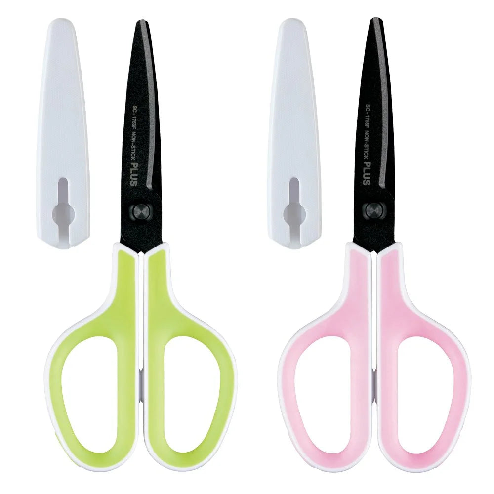 Plus Japan Fluorine Coated Adhesive Tape Glue Non-Stick Green & Pink Scissors Set 34545+34547