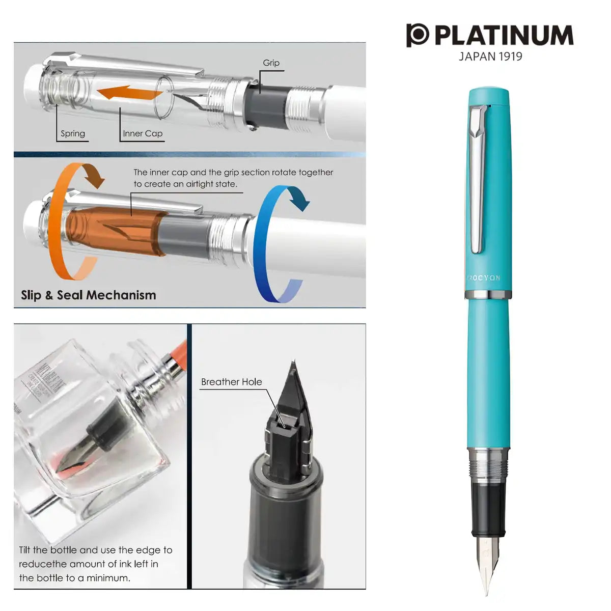 Platinum Procion #52 Fountain Pen in Turquoise Blue with Fine Point