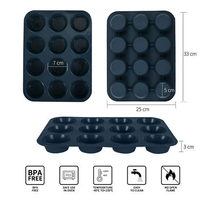 Super Kitchen 12-Cavity Large Non-Stick Silicone Muffin Mold Pan - Easy To Clean Gray - Japan