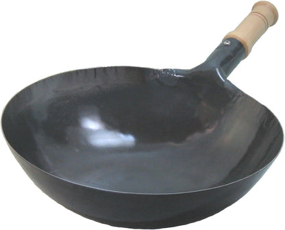 Yamada Gehämmertes Eisen Wok mit Holzgriff und rundem Boden (1,2 mm Dicke) 27 cm - Unbehandelt