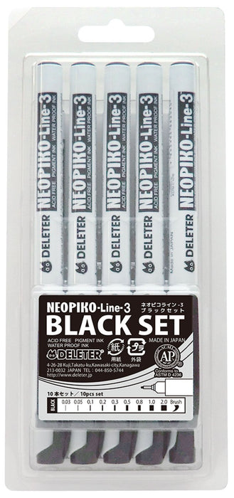 Deleter Neo Pico Line 3 Black Drawing Pens 10-Piece Set