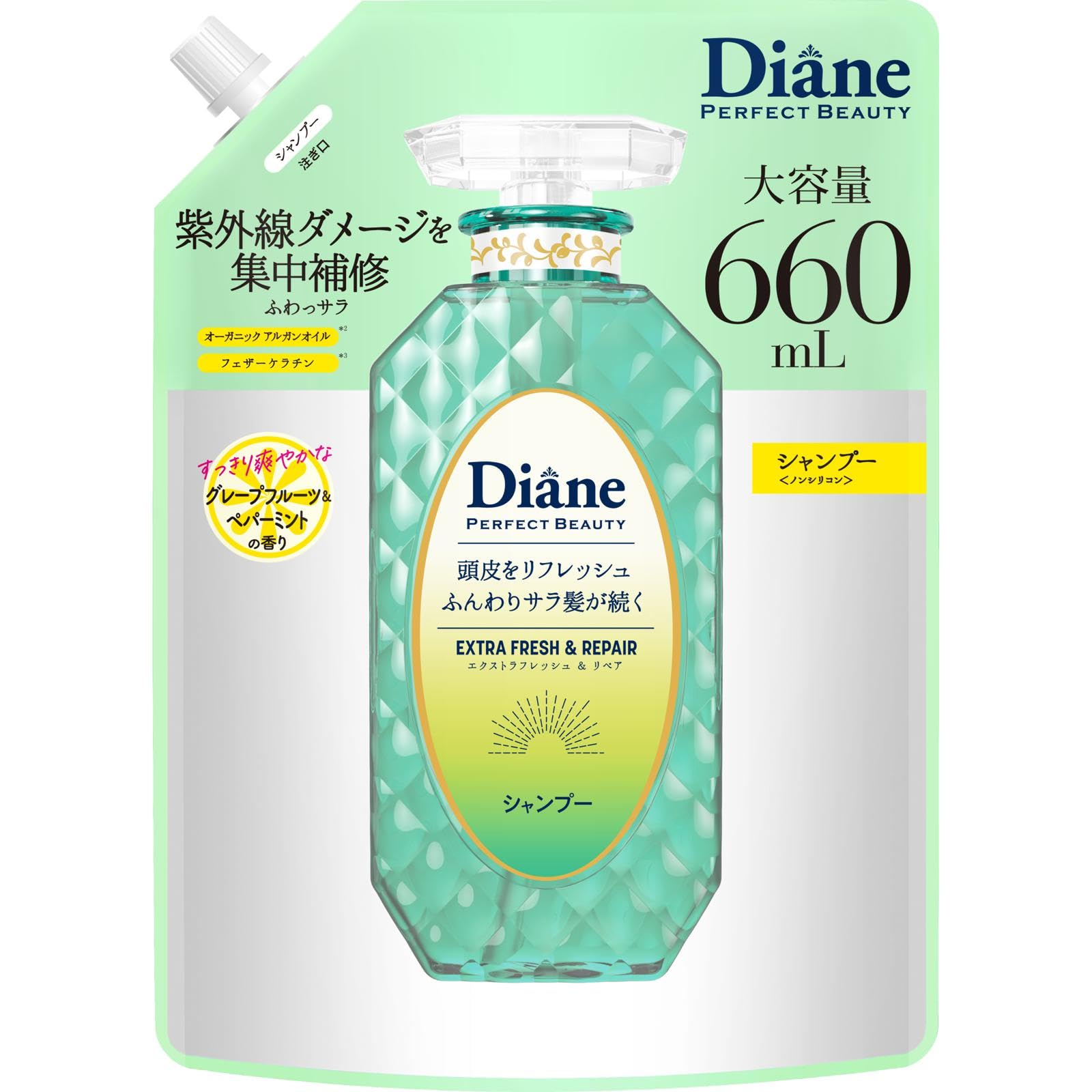 Diane Large Capacity Shampoo Grapefruit and Peppermint Scent 660mL Fresh Repair