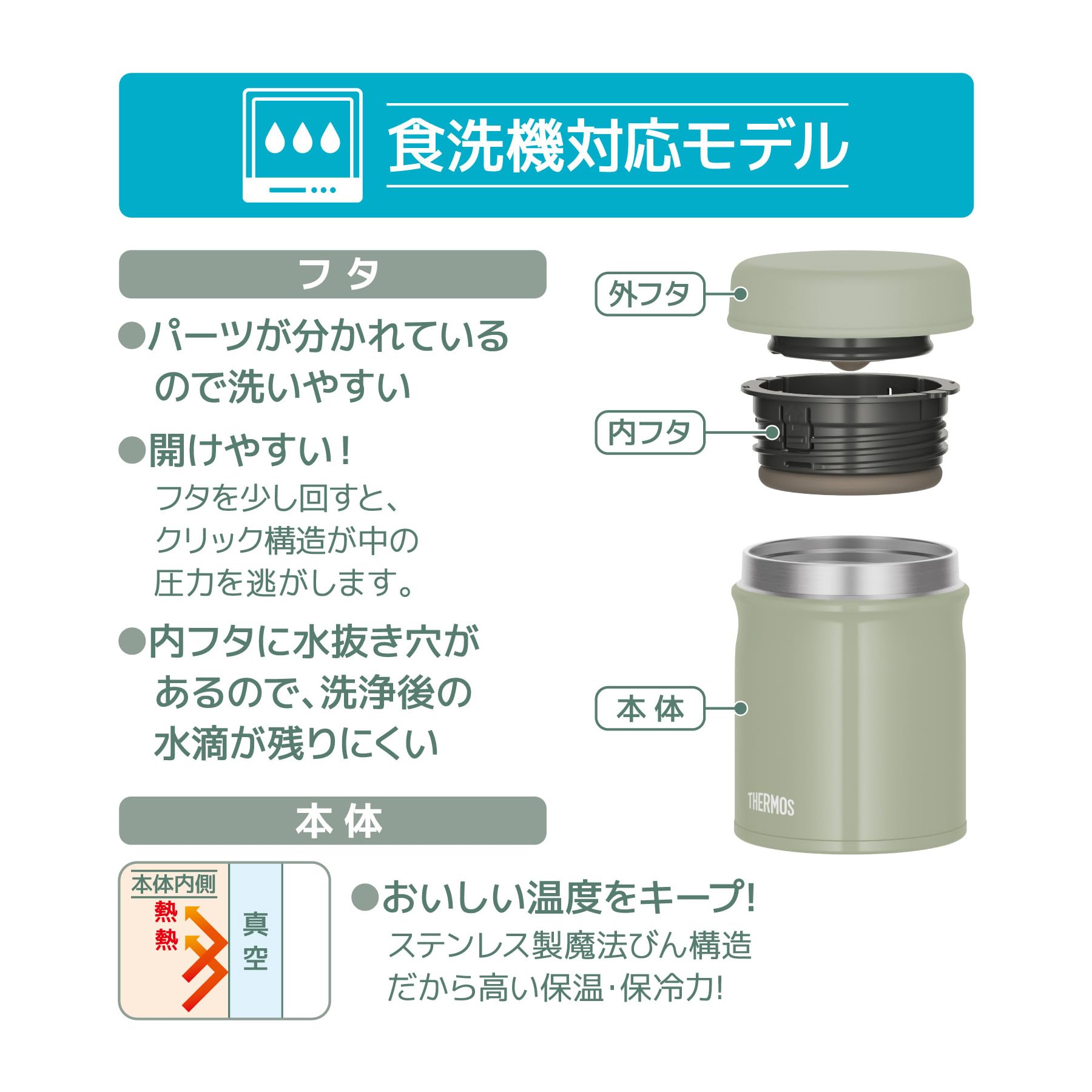 Thermos Vacuum Insulated 300ml Soup Jar - Khaki Dishwasher-Safe Keeps Food Warm or Cold Jeb-300 Kki