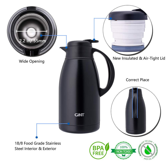 Thermos 65Oz Gint Thermal Carafe: Black Stainless Steel Double Wall Insulated Vacuum