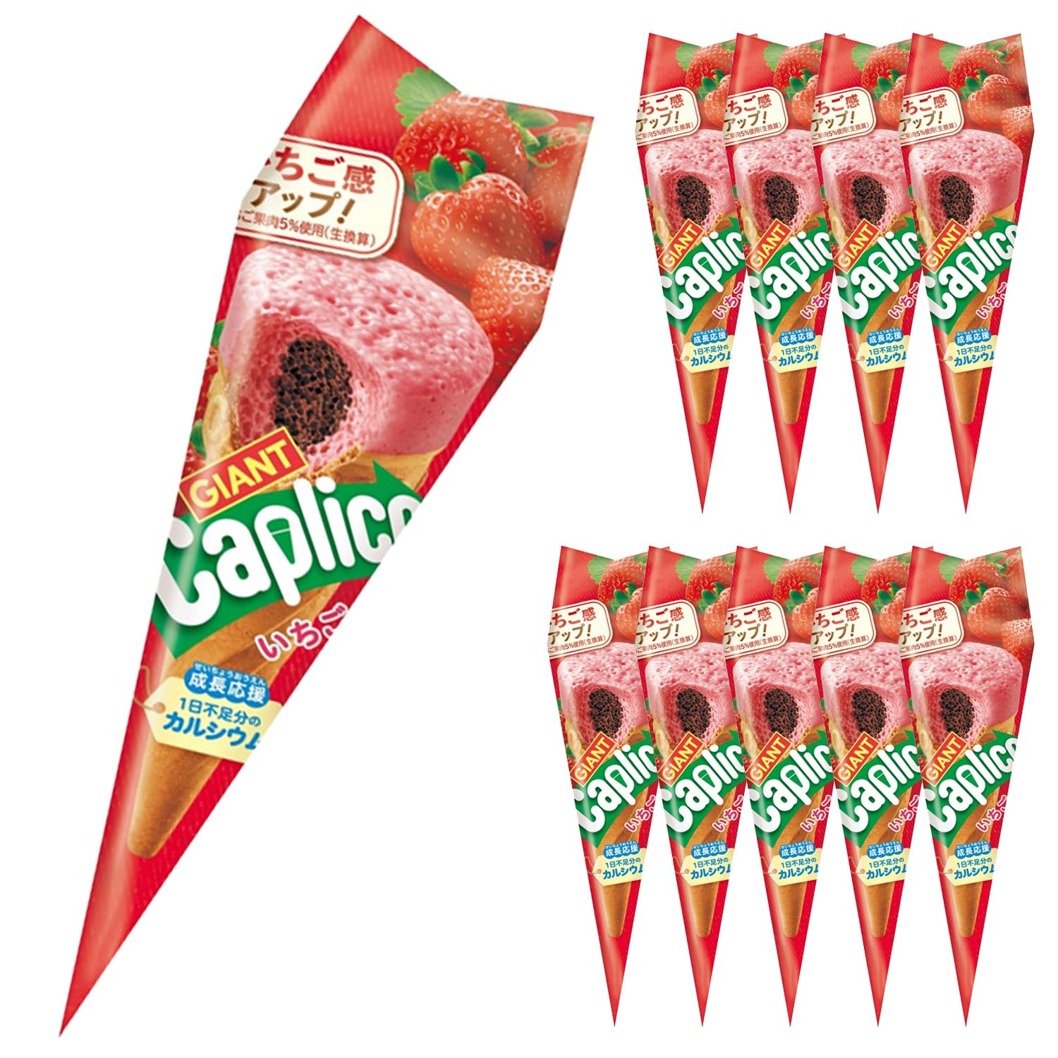 んこべえ　 Strawberry Glico Giant Caplico Strawberry Chocolate Cones Snack 34G 5-Pack