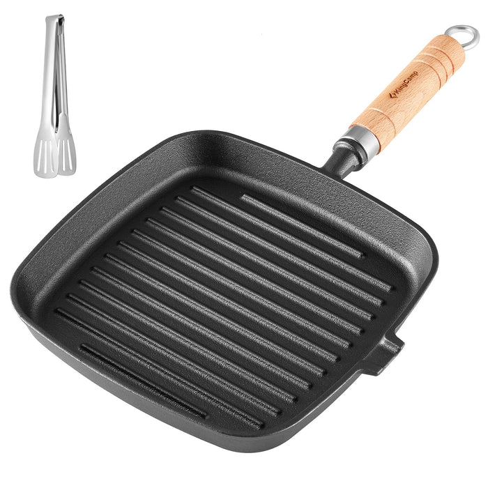 Kingcamp Cast Iron Grill Pan 23x25cm with Removable Bamboo Handle and Tongs