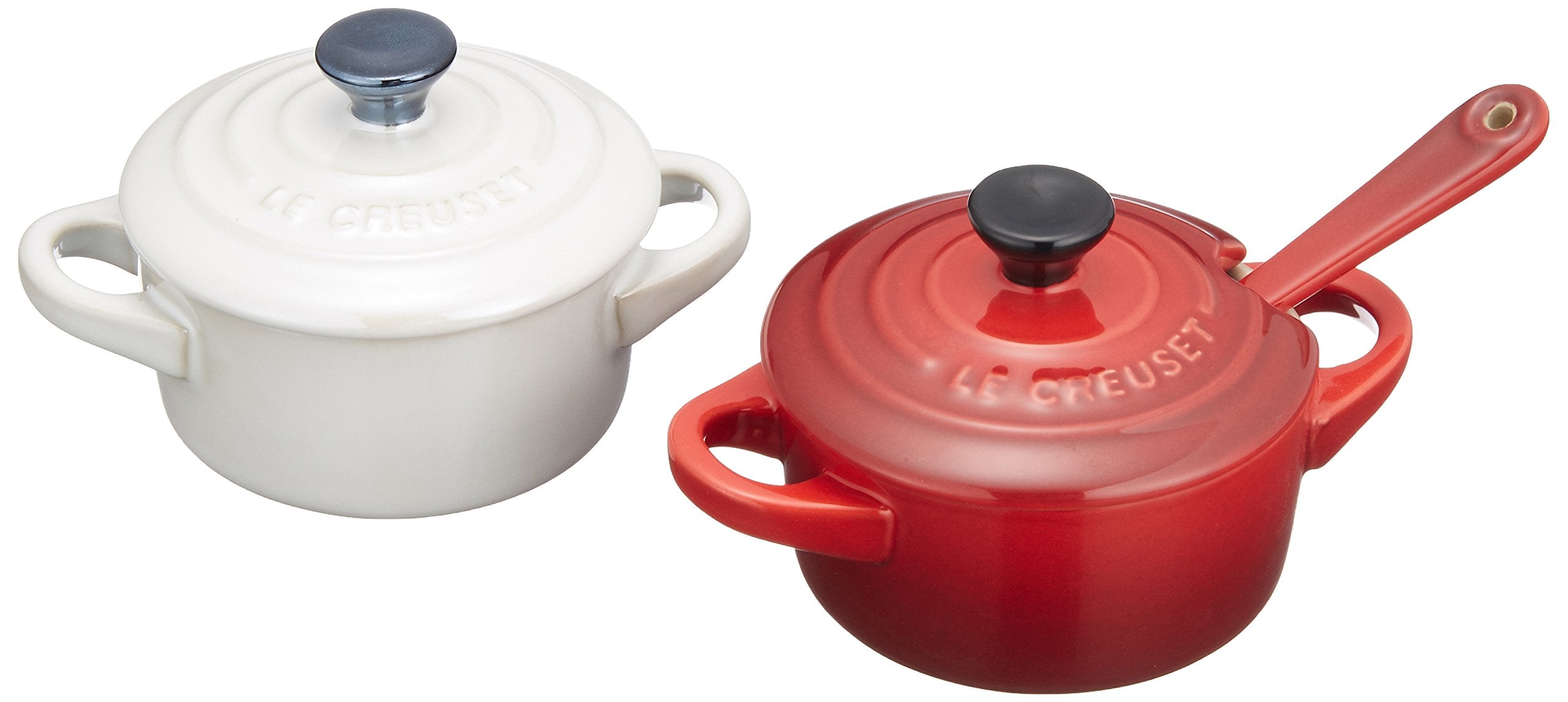 Le Creuset Heat-Resistant Petit Cocotte Container Pair with Spoon Red White