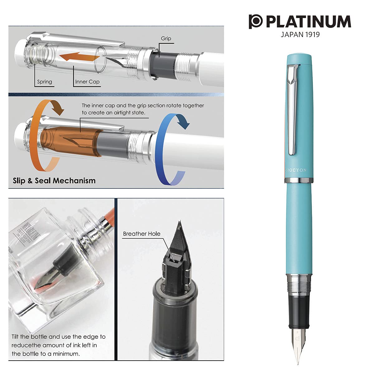 Platinum Procion #52 Medium Point Fountain Pen in Turquoise Blue