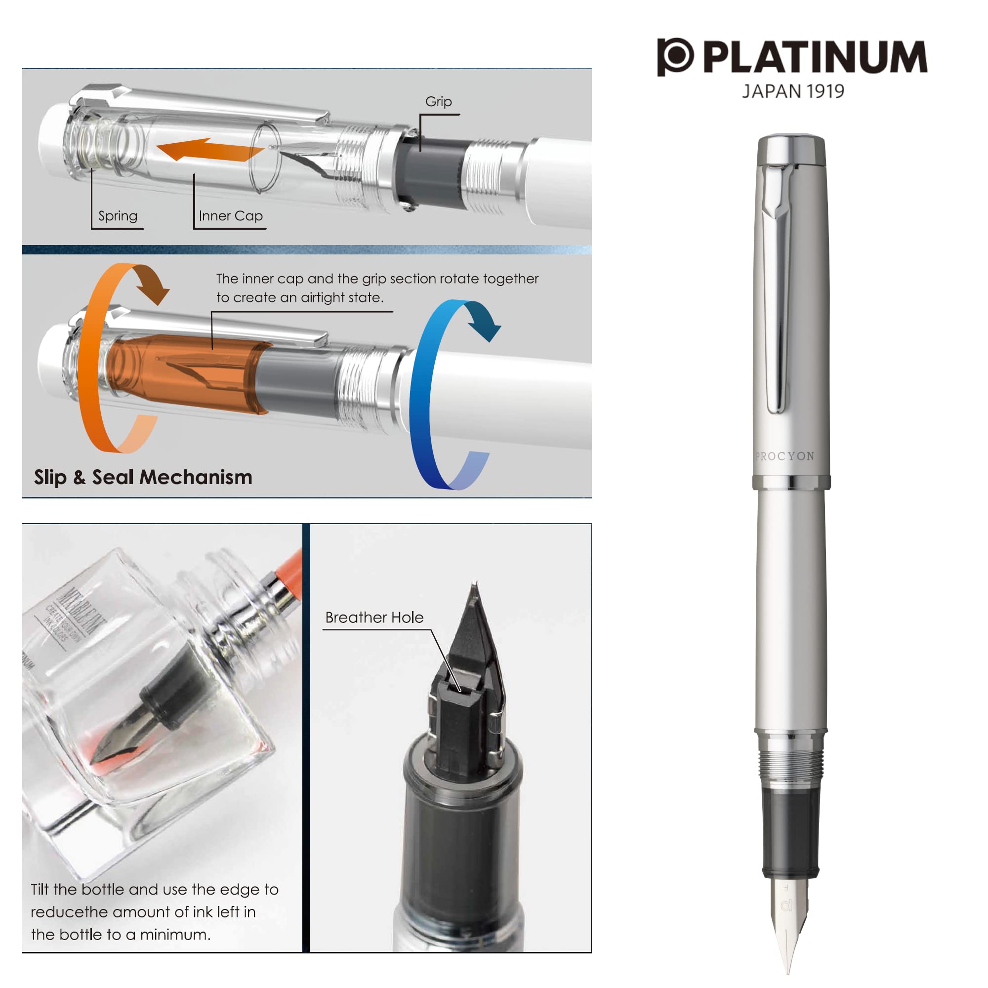 Platinum Procion Luster Medium Point Fountain Pen Satin Silver PNS-8000#79-3