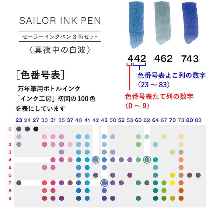 Sailor Fountain Pen 3-Color Set (Midnight White Wave) Water-Based Sailor Ink Pen 25-0900-005