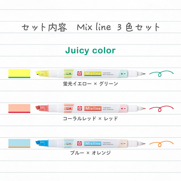 Sakura Color Mixline Highlighters Two-Tone 3 Color Set Underline Enhancer