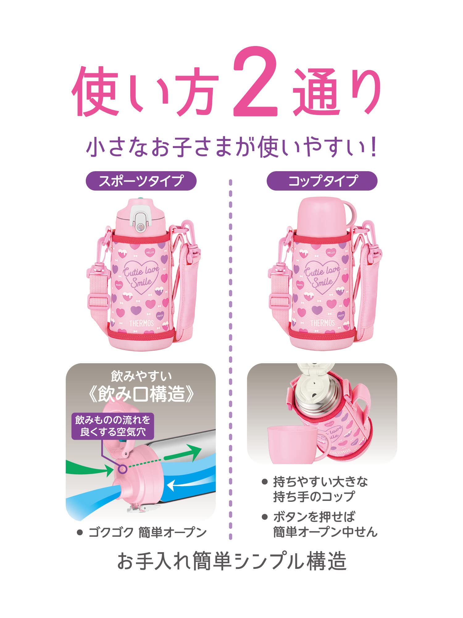 Thermos 0.63L Vacuum Insulated Water Bottle for Children Pink/White Direct Drinking with Cup Ideal for School