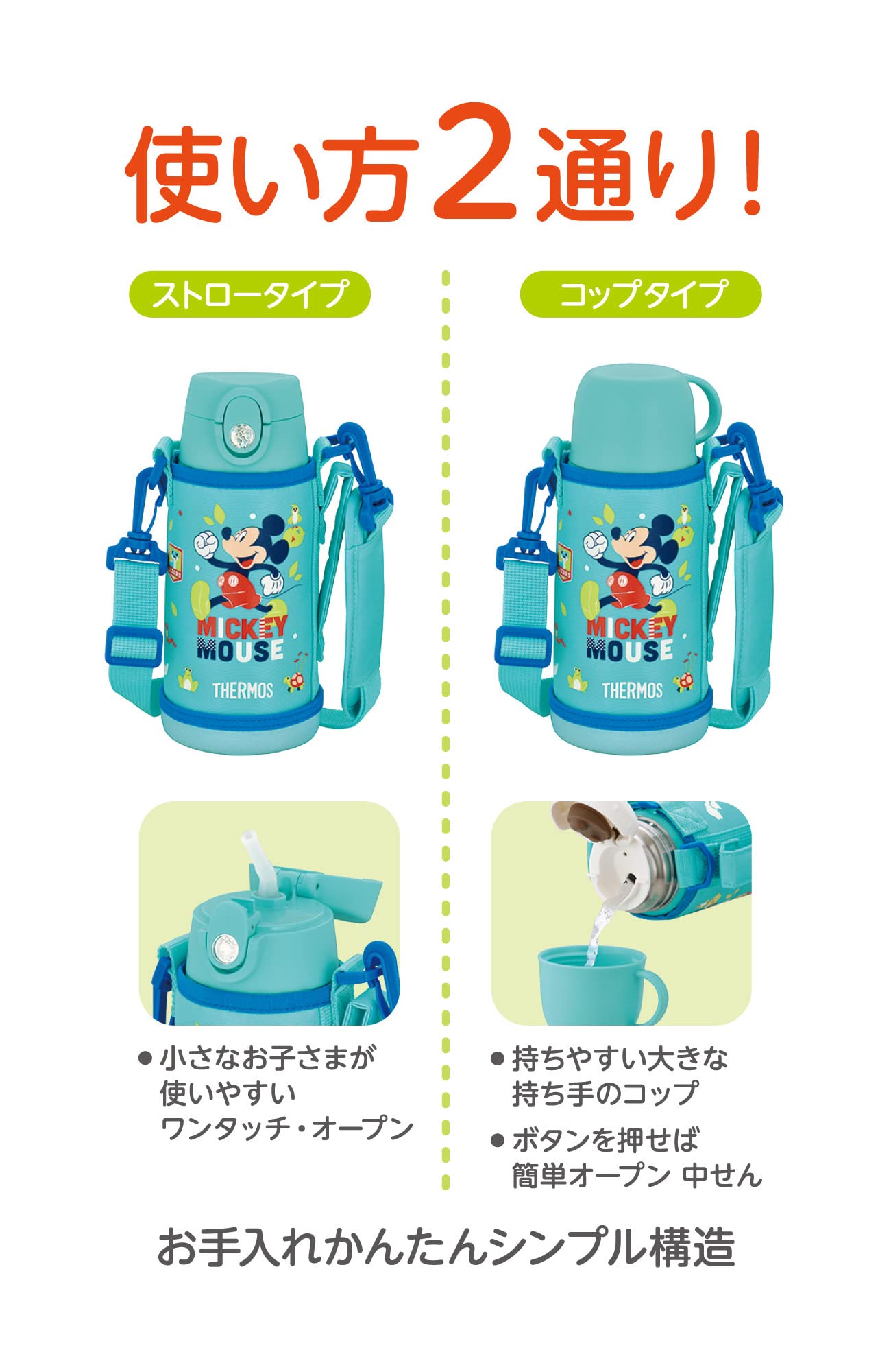 Thermos Mickey Mint Blue Vacuum Insulated Water Bottle 0.6L Straw Cup for Children FJO-601WFDS MBL