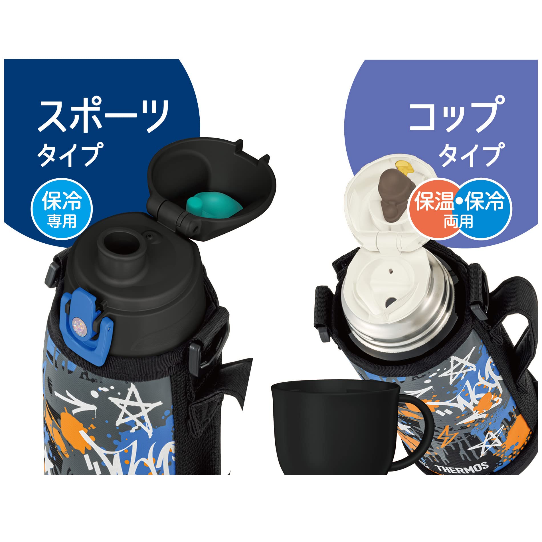 Thermos Fjj-801Wf Bk-Bl 0.8L Vacuum Insulated Water Bottle with Cup for Children - Black Blue