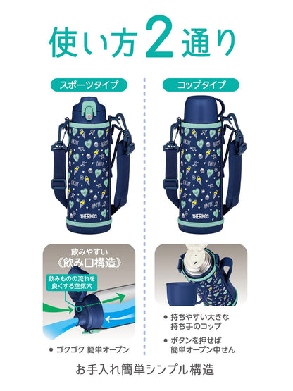 Thermos 1L Vacuum Insulated 2-Way Water Bottle Navy Green with Cup for Children School Use - Fjj-1001Wf Nvgr