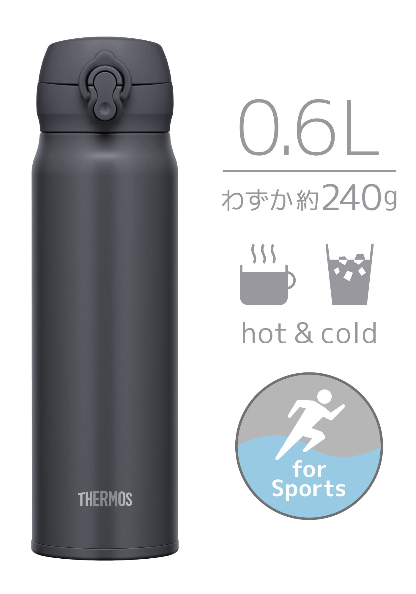 Thermos JNL-606 SMB Stainless Steel Water Bottle 600ml Vacuum Insulated Easy-to-Clean Lightweight Smoke Black