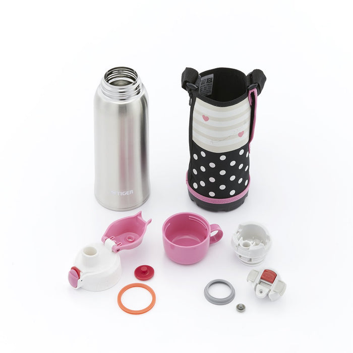 Tiger 800ml Stainless Steel Water Bottle with Cup and Pouch Sahara Pink Dot