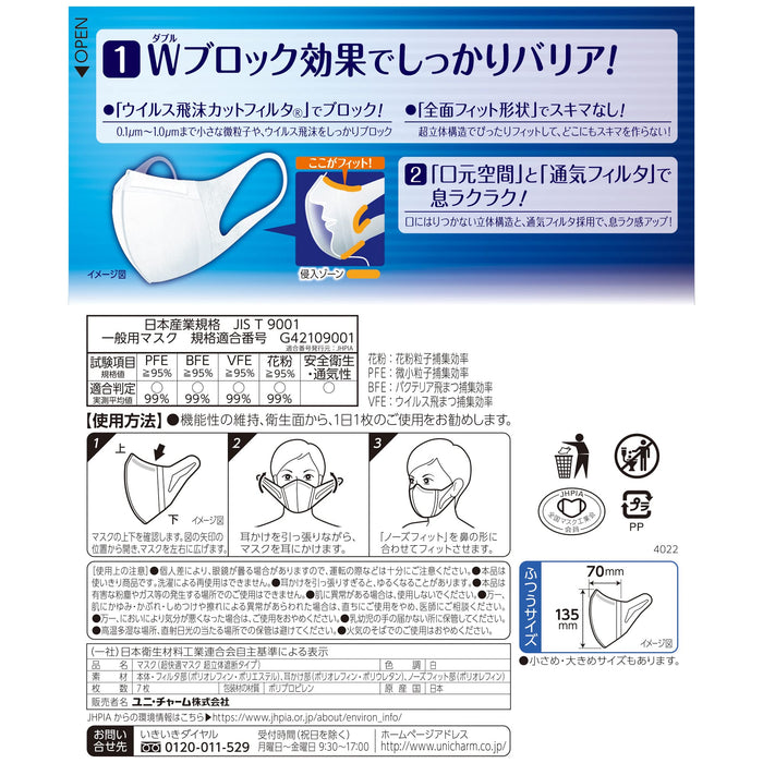 Unicharm Cho Rittai White 3D Face Mask Regular Size 7 Pack Comfortable Fit