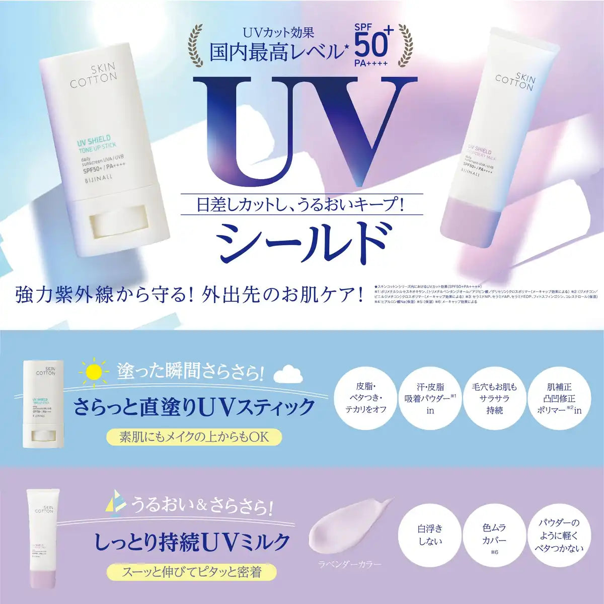 Skin Cotton UV Shield Tone-Up Stick SPF50+ Sans parfum Portable 19g