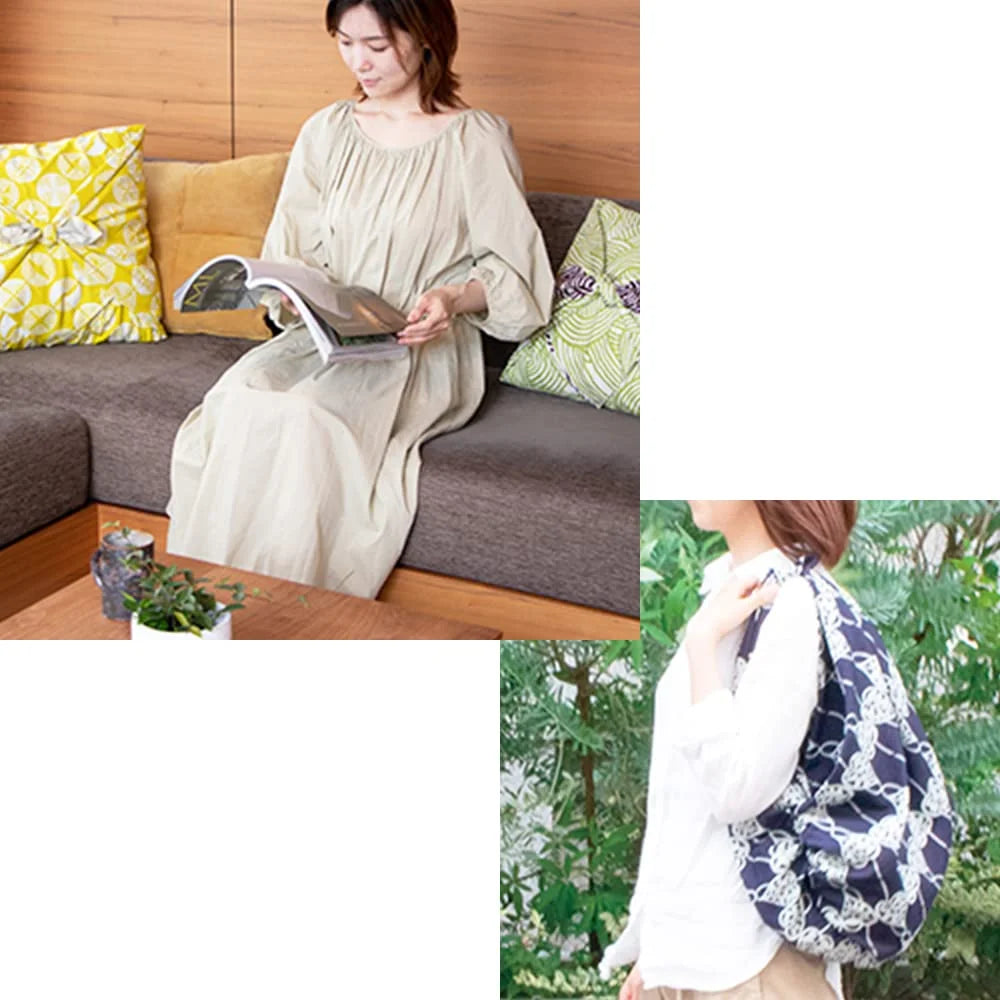 Musubi Furoshiki 3-Way Isa Pattern Double-Sided Japanese Weeping Cherry Blossom Pink & Green 104Cm Cotton