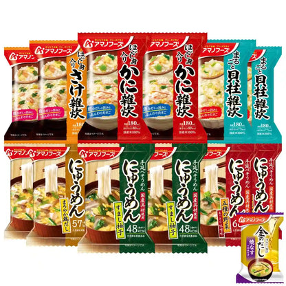 Amano Foods Freeze-Dried Japan Nyumen Seafood Porridge Assortment 12 Servings Miso Soup Gold Dashi Eggplant 1 Meal Set