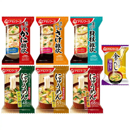 Amano Foods Freeze-Dried Japan Nyumen Seafood Porridge Assortment 12 Servings Miso Soup Gold Dashi Eggplant 1 Meal Set