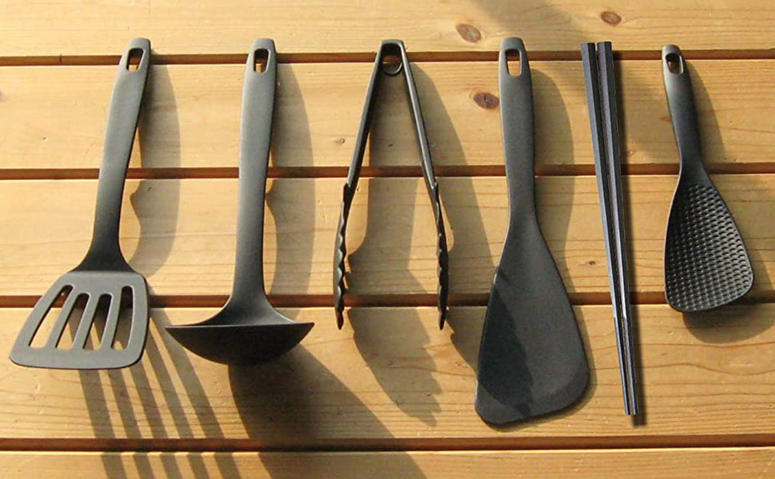 Nagao Tsubame Sanjo Kitchen Tool Set 6Pcs Japan - Spatula Ladle Tongs Chopsticks Rice - Amazon Exclusive Black Made In Japan