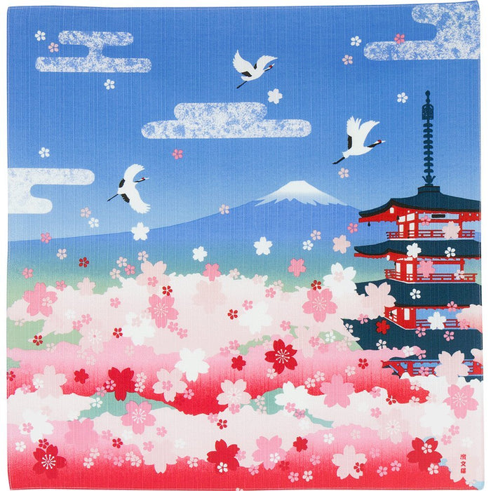 Hama Pattern Furoshiki 50Cm Sakura Five-Storied Pagoda Mt. Fuji Blue Japan