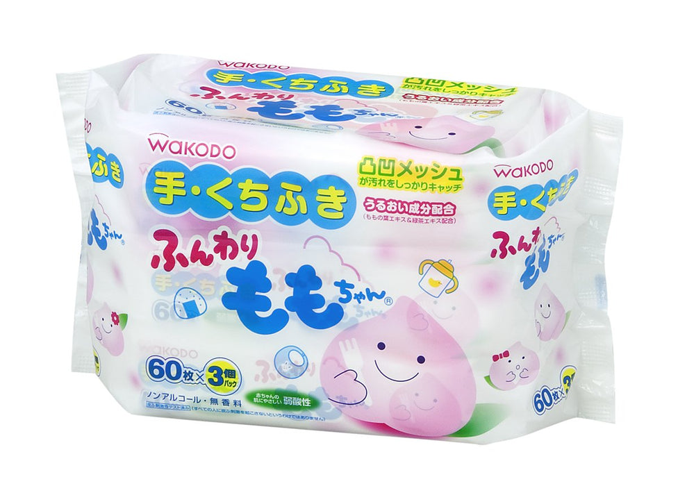 Wakodo Japan Hand/Mouth Wipes Fluffy Momo-Chan 60Pcs 3-Pack