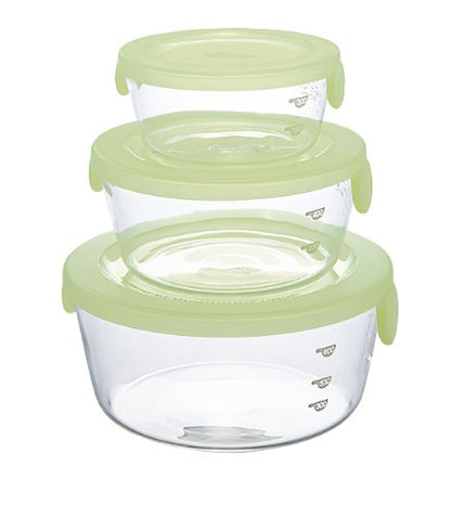 Hario Japan Glass Fresh-Keeping Bowl 3-Piece Set Heat-Resistant Cooking Kimchi Syt-2418Cg Green